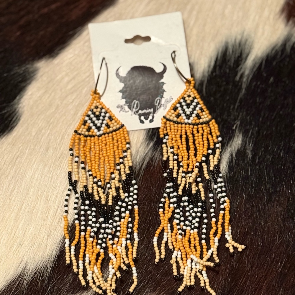 Beaded Fringe Earrings in Black, White, and Gold